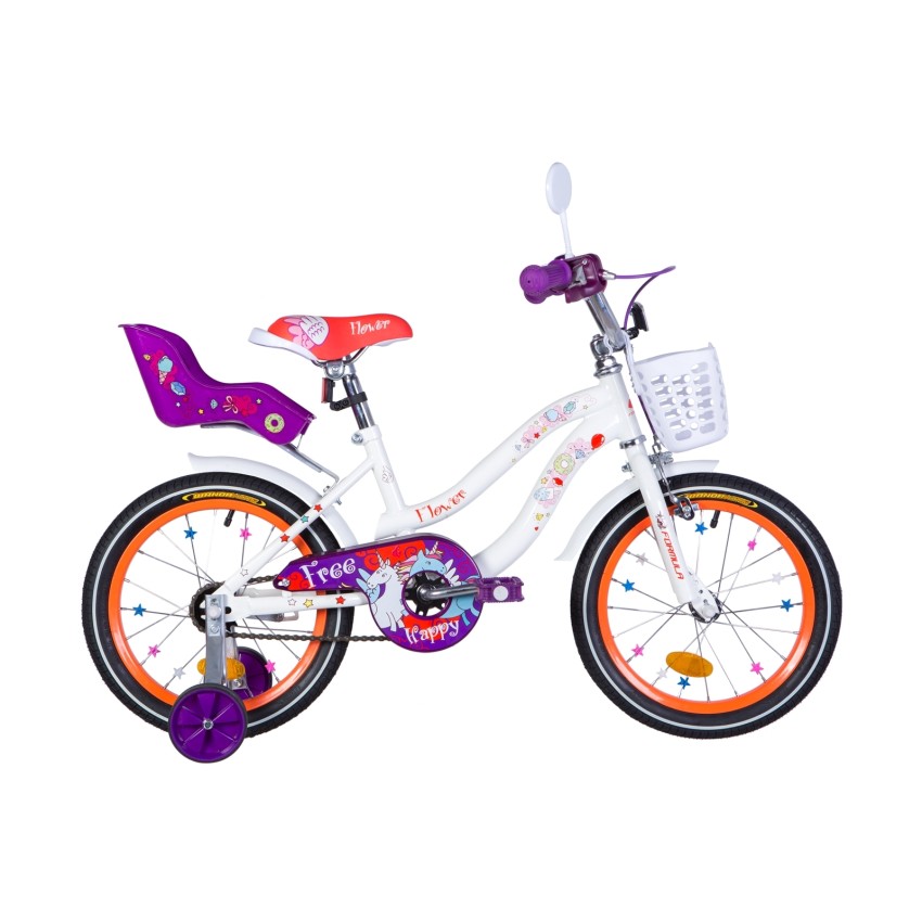 Детский велосипед 16" FLOWER PREMIUM рама-10" с багажником для кукол с крылом 2021 бело-оранжевый c фиолетовым