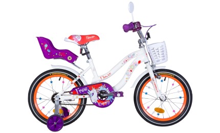 Детский велосипед 16" FLOWER PREMIUM рама-10"з багажником для ляльок з крилом 2021 біло-помаранчевий з фіолетовим